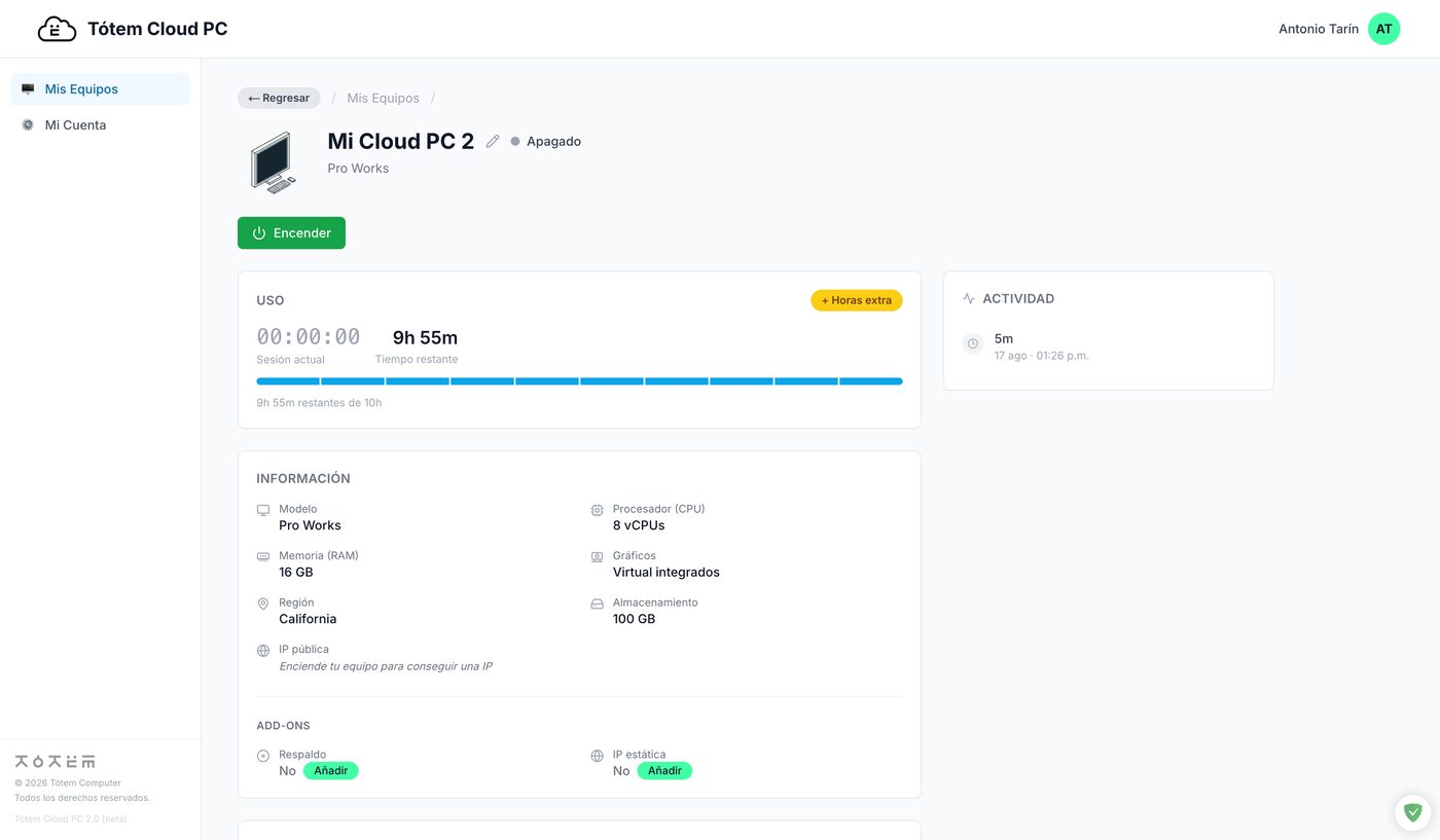 panel de un cloud pc encendido con contador de horas